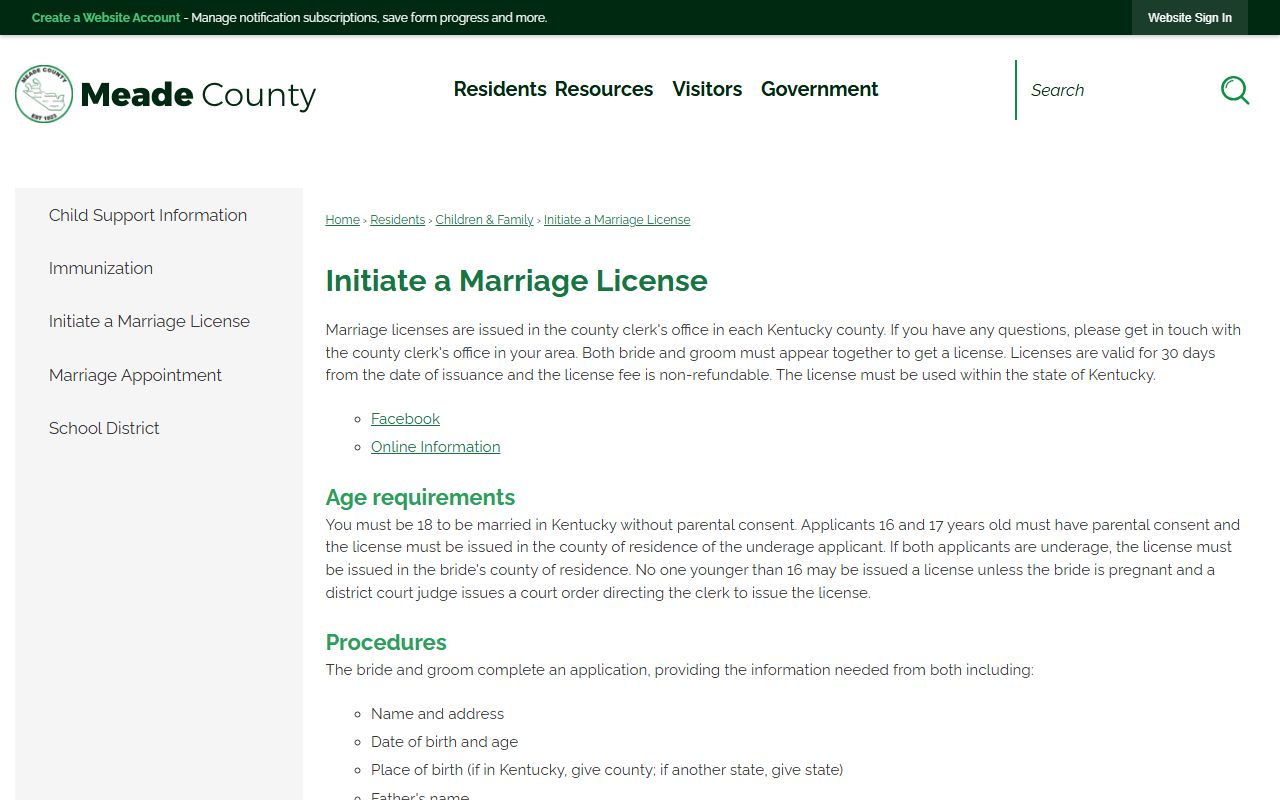 Meade County marriage records license application source