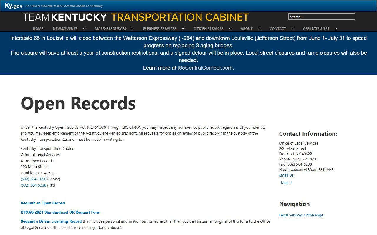 KYTC open records page for Meade County traffic court records and driver record requests