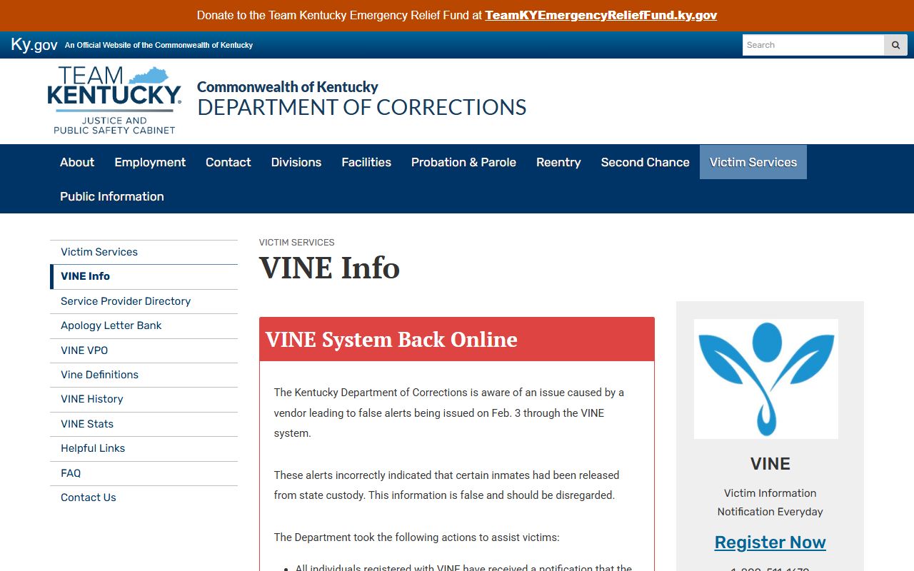 Kentucky VINE and Meade County warrant records custody notification information